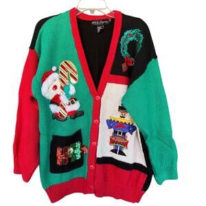 Vintage Work in Progress Sweater Cardigan Womens 2X Ugly Christmas Sequin 90s